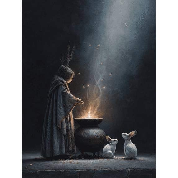 Mystical Wizard Alchemy Rabbits Canvas Print Wall Art for Living Room Office Cafe Game Room