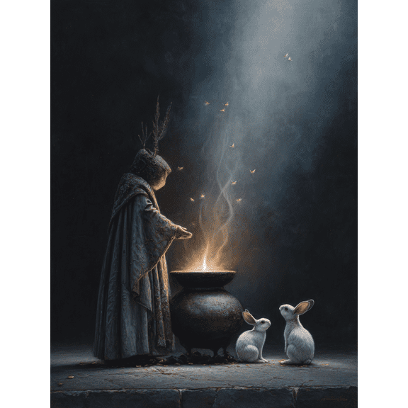Mystical Wizard Alchemy Rabbits Canvas Print Wall Art for Living Room Office Cafe Game Room