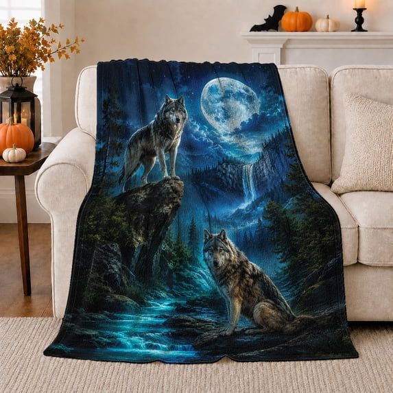 Mystical Wolf Art Moonlit Forest Scene, Peaceful Mountain Lake Scene, Warm Flannel Blanket for Cabin and Lodge, Outdoor Lovers Friendship Gift, Artistic Home Decor
