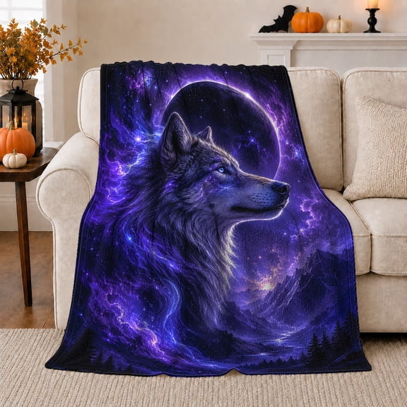 Mystical Wolf Cosmic Nebula Celestial Fantasy, Mystical Woodland Scene, Warm Flannel Blanket for Cabin and Lodge, Wildlife Lovers Housewarming Gift, Fantasy Home Decor
