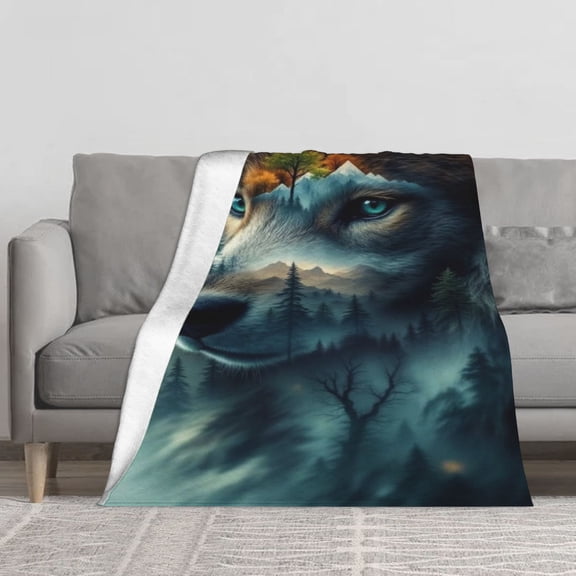 Mystical Wolf Forest Flannel Blanket, 280g Soft Fleece Throw for Couch Sofa Bed, Double Exposure Wilderness Mountain Landscape Art, Cozy Plush Vertical Blanket for Home Decor, Gift for Adults.