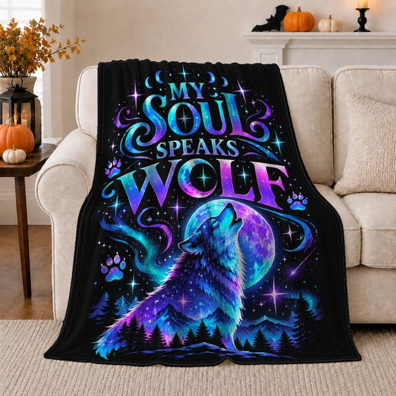 Mystical Wolf Galaxy Art, Peaceful Mountain Lake Scene, Warm Flannel Blanket for Cabin and Lodge with Detailed Artwork, Outdoor Lovers Christmas Gift, Festive Home Decor