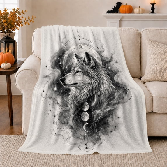 Mystical Wolf Under Moonlight Celestial Design, Festive Celestial Art Scene, Warm Flannel Blanket for Cabin and Lodge, Wildlife Lovers Father's Day Gift, Festive Home Decor