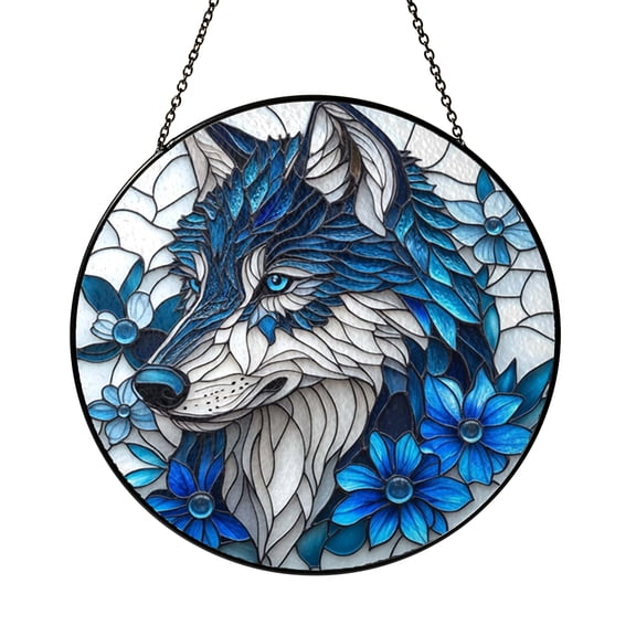 Mystical Wolf Stained Glass Style Round Artwork, Forest Nature Animal Art Design