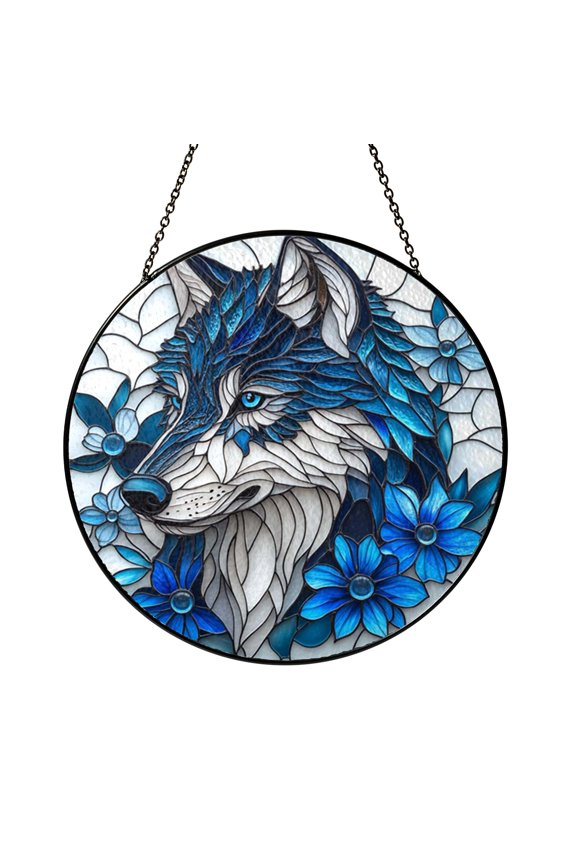 Mystical Wolf Stained Glass Style Round Artwork, Forest Nature Animal Art Design
