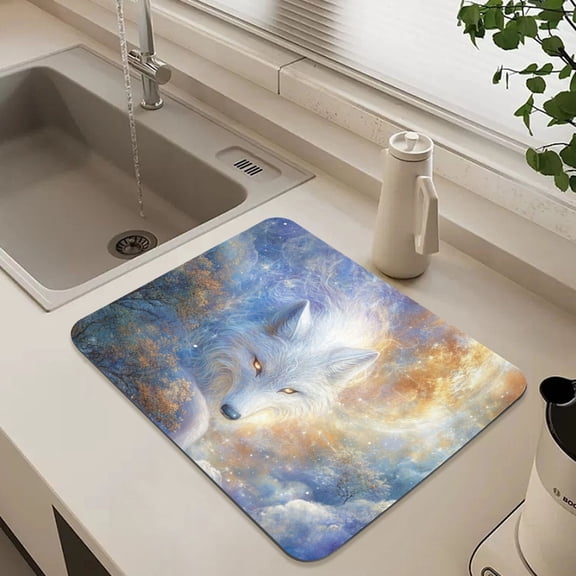 Mystical Wolf and Starry Background Dish Drying Mat for Kitchen Counter Absorbent Drainer Mats (15.7X11.8Inch)