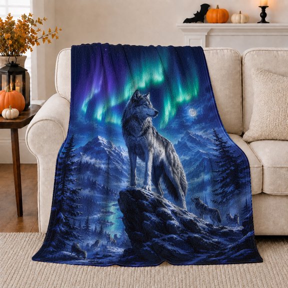 Mystical Wolves Aurora Borealis Wilderness Scene, Peaceful Mountain Lake Scene, Warm Flannel Blanket for Cabin and Lodge, Outdoor Lovers Camping Gift, Rustic Home Decor