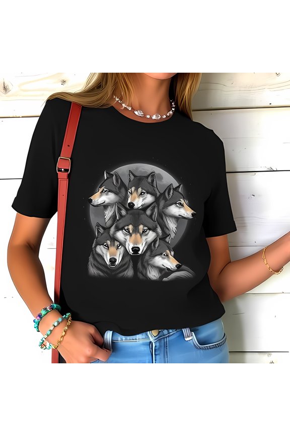 Mystical Wolves Graphic T-Shirt - Full Moon Design Soft Casual Style Wild & Stylish