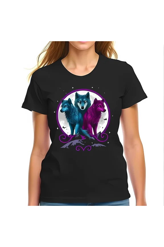 Mystical Wolves Shirt Ethereal Design Teal Purple Wolves Tee Unisex T-Shirt, up to Size 5XL