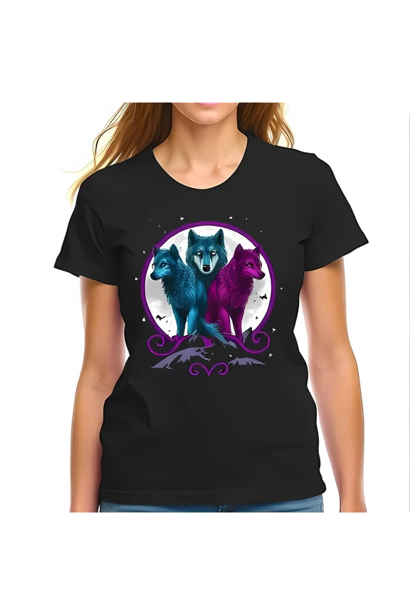 Mystical Wolves Teal and Purple Ethereal Spirit Animal Fantasy Unisex T-Shirt, up to size 5XL