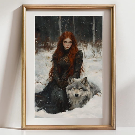 Mystical Woman And Wolf Poster, Dark Fantasy Snow Forest, Gothic ...