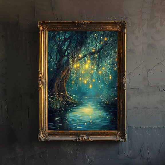 Mystical Woodland River Poster Glowing Firefly Forest Fantasy Wall Art 8x12 UNFRAMED