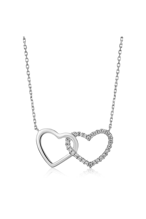 Milena Two Hearts .925 Sterling Silver Plated Rhodium Necklace with Cubic Zirconia for Women