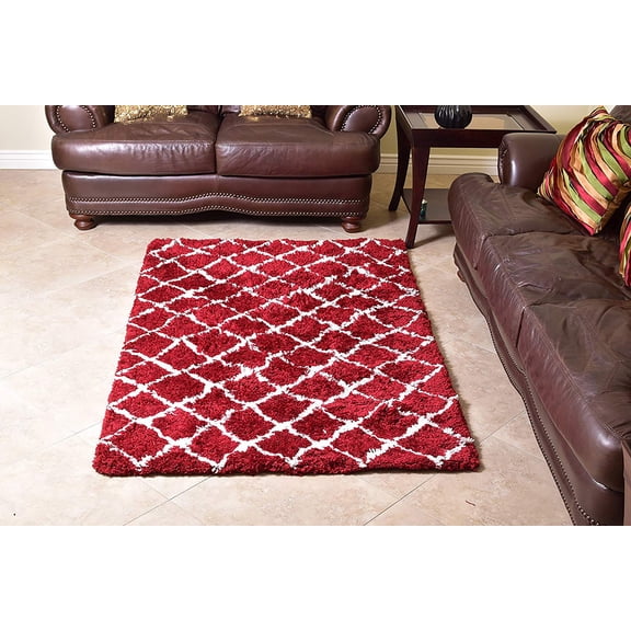 MystiqueDecors Shaggy 4 X 6 ft Maroon/Red & White Moroccan Trellis Design Shag Rug Soft Contemprary Living Room, Bedroom Handmade Microfiber Area Rug