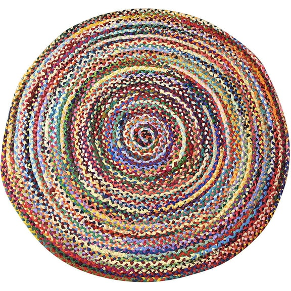 Mystiquedecors Multicolor Round Area Rug 6 ft Cotton Braided Reversible for Living Room - 6'