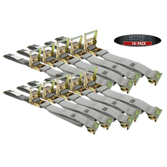 Mytee Products (10 Pack) E Track Ratchet Straps 2" x 16' with E Track Spring Fittings - 4000 lbs, Gray | Cargo Tie-Down in Enclosed Trucks, Vans, Trailers