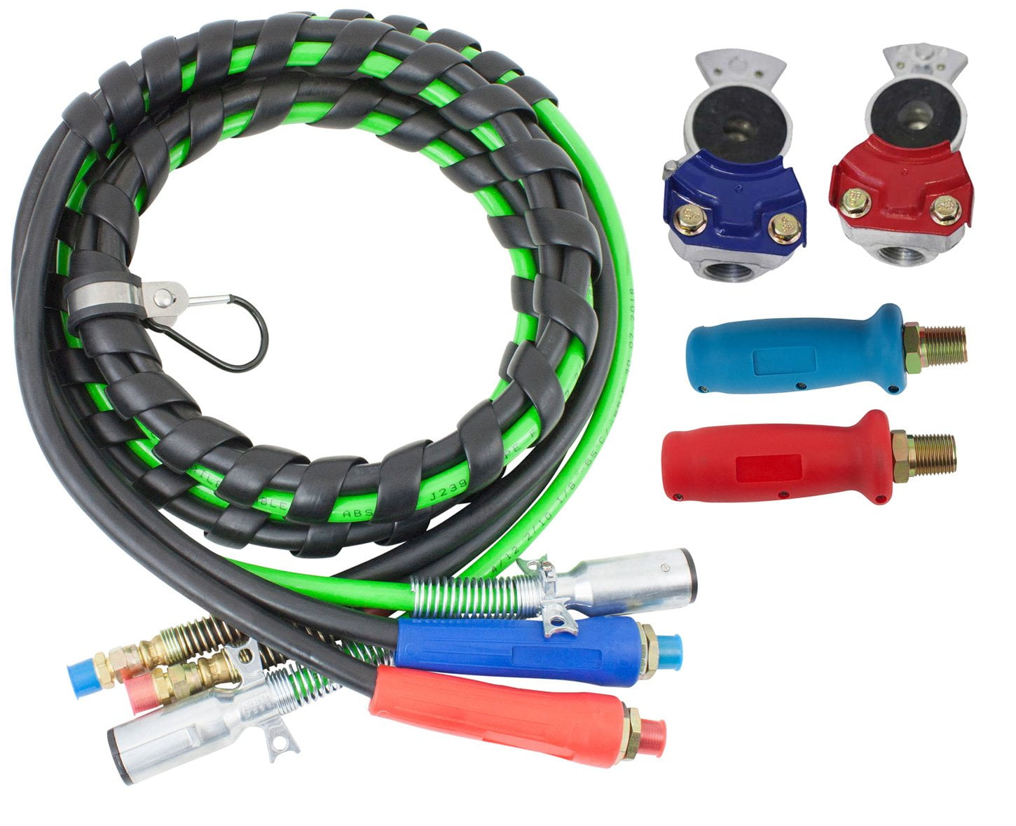 12 Ft 3-in-1 ABS & Power Air Line Hose Wrap 7 Way Electrical Cable for Semi Truck Trailer Tractor w/Set of Service & Emergency (Red & Blue) Gladhands, Gladhands Extension Handle Grips