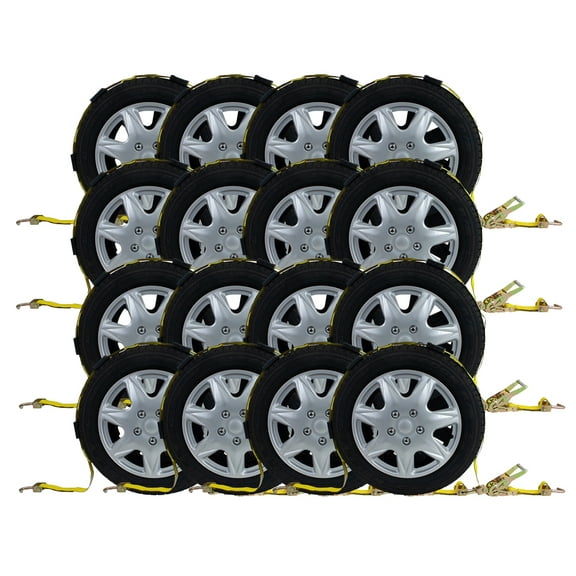 Mytee Products 16 Pack 2"x9' Over The Wheel Tire Straps with Ratchet, Swivel J Hook & Rubber Blocks - 10,000 LBS Breaking Strength Towing Tie Down Straps for Auto Car Haulers, UTV, Truck Trailer Bed