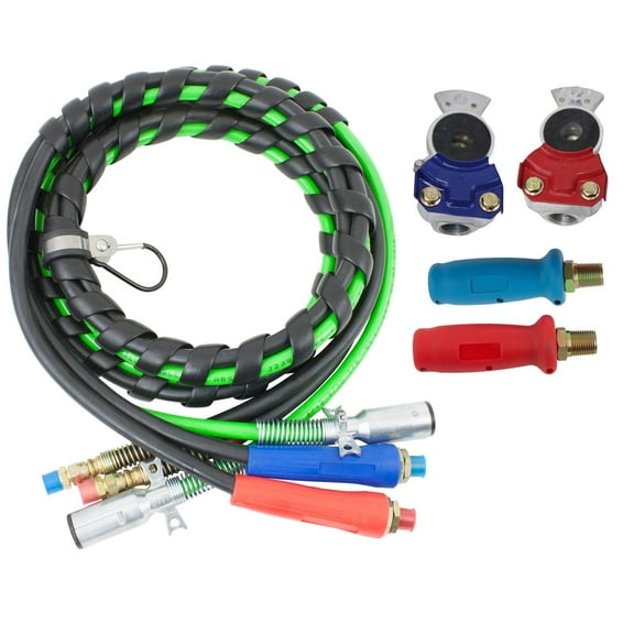 3-in-One Wrap 7 Way Electrical Green ABS Air Brake Lines 15 Ft , Set of Standard Aluminum Gladhands Service & Emergency, Set of Gladhand Extension Handle Grips Set Red & Blue