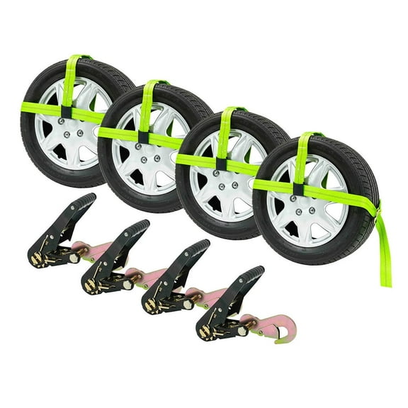 Mytee Products (4 Pack) 2"x144" Car Tie Down Straps w/ Ratchet Snap Hooks & 33" Over The Wheel Tire Straps - 3,333 LBS WLL Heavy Duty Tire Straps for Car Trailer - High Visibility Green Webbing