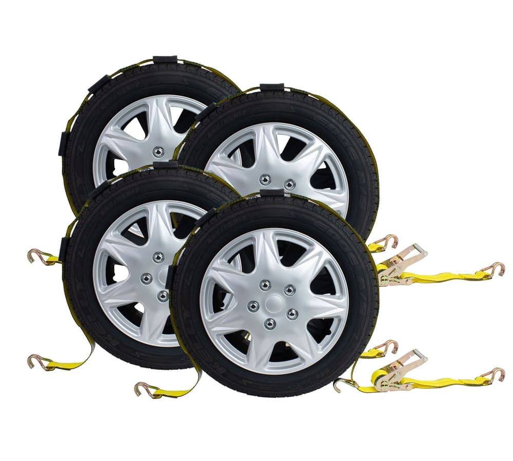 Mytee Products 4 Pack 2 x 10 Over The Tire Car Hauler Ratchet Straps with Wire J Hooks and Rubber Blocks Car Tie Down Wheel Straps Truck Trailer
