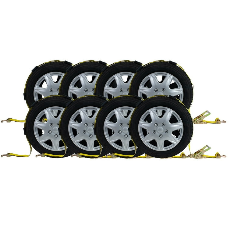 Mytee Products 4 Pack 2 x9' Over The Wheel Tire Straps with Ratchet,  Swivel J Hook & Rubber Blocks - 10,000 LBS Breaking Strength Towing Tie  Down