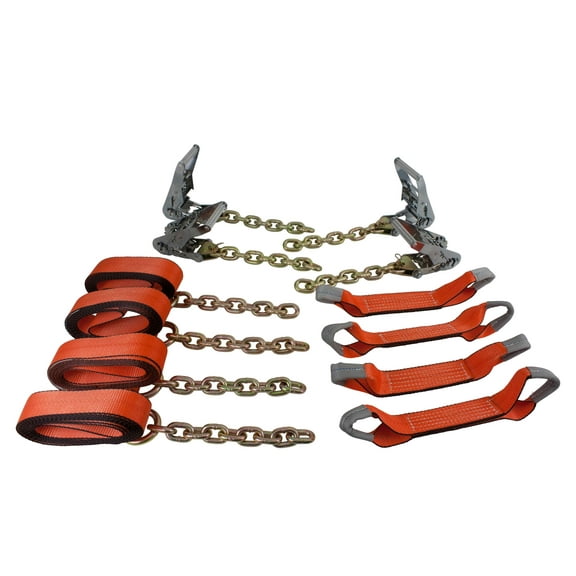 Mytee Products 8 Point Roll Back Vehicle Tie Down Kit with Chain Extension on Both Ends, Ratchet Handles - High Abrasion Orange, WLL# 3333 LB - Tow Truck Straps Car Hauler Tie Down System