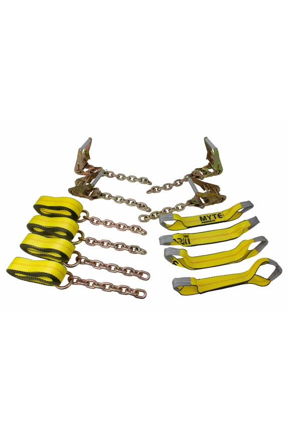 8 Point Roll Back Vehicle Tie Down Kit with Chain Extension on Both Ends, Ratchet Handles - Working Load Limit 3333 LB - Tow Truck Straps Car Hauler Carrier Tie Down System