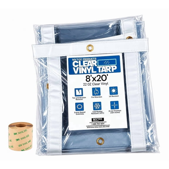 Mytee Products 8' x 20' Clear Vinyl Tarp with Tape - 24 MIL Thick Heavy-Duty Waterproof Vinyl Tarpaulin with Grommets, UV & Fire Retardant - Cold Weather Resistant Cover for Outdoor