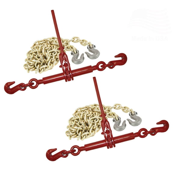 Mytee Products Chain and Ratchet Load Binder Kit | (2) 5/16 - 3/8" G70 G80 Load Binders & (2) 3/8" x 20' G70 Chains w/ Grab Hooks | 6600 lbs Safe load Limit for Truck & Flatbed Trailer | Made in USA