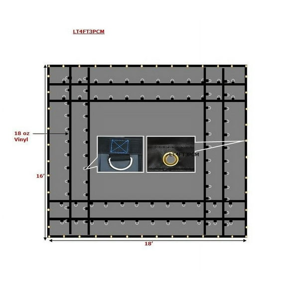 Mytee Products Heavy Duty 18 Oz Steel Tarp 16x18, 2 Rows D Ring - Black