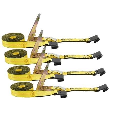 Mytee Products Ratchet Tie-Down Straps with Flat Hooks, 2" x 30' Ratchet Straps Yellow | 10,000 Lbs Breaking Strength | TieDown Ratchet Straps for Flatbed, Truck, Trailers Pickup (4 Pack)