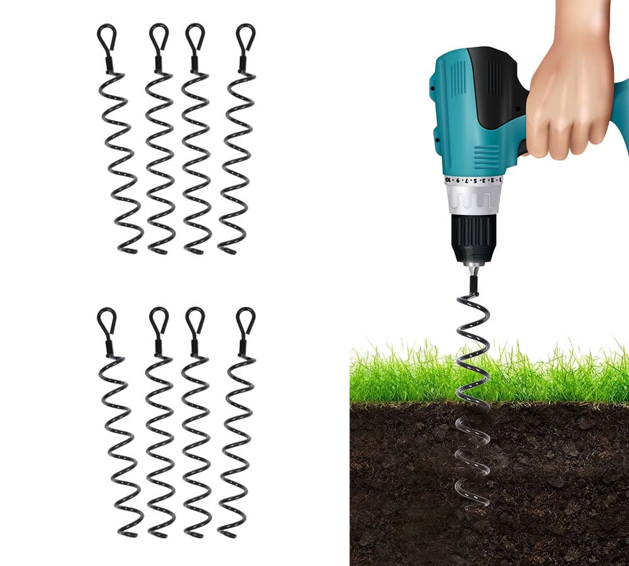 8 Pack 18 inches Spiral Shed Anchor Kit w/ Removable Eye Bolt - Steel Black Earth Auger Tent Stakes Heavy Duty Ground Screw Anchor for Securing Tents, Canopies, Tarps, Swing Sets