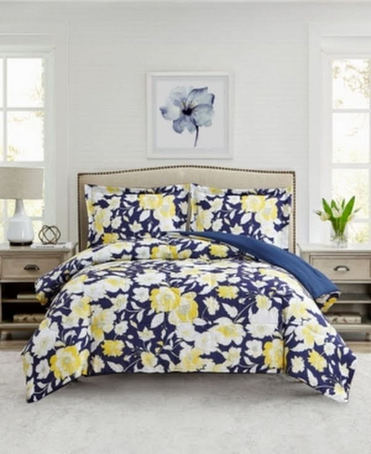 Navy and Yellow Floral Reversible Full Comforter Set