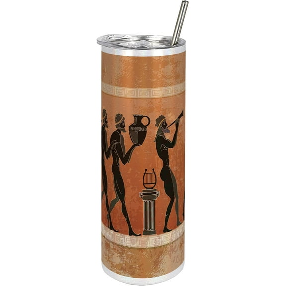 Myth 20 Oz Skinny Tumbler, Grunge Design Image of Greek Warriors Scene, Leak-Proof Straw Lid and Brush Vacuum Insulated for Outdoor Use, Cinnamon Persian Orange