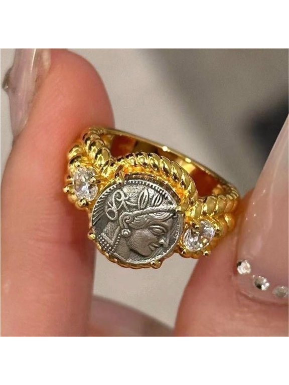 Myth Goddess Coin Ring,Myth Goddess Dainty Cubic Zirconia Ring,Open Ring