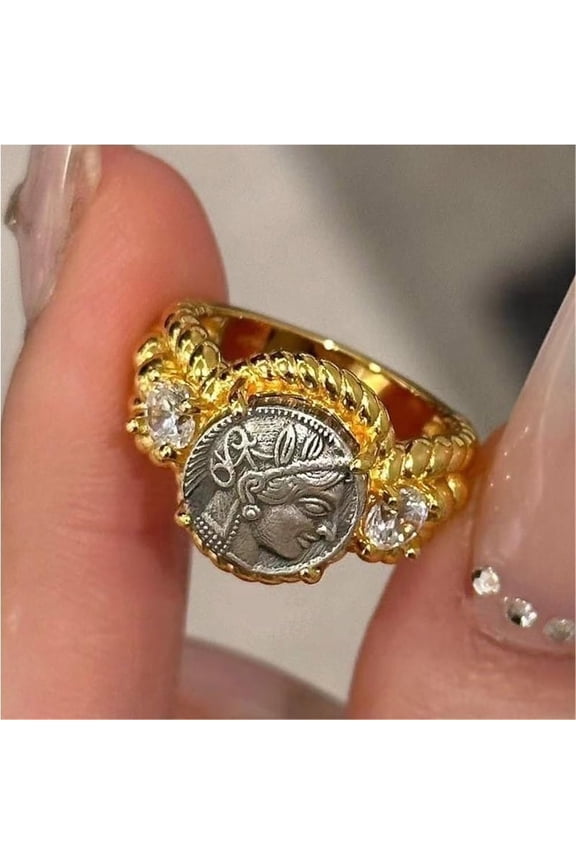 Myth Goddess Coin Ring,Myth Goddess Dainty Cubic Zirconia Ring,Open Ring