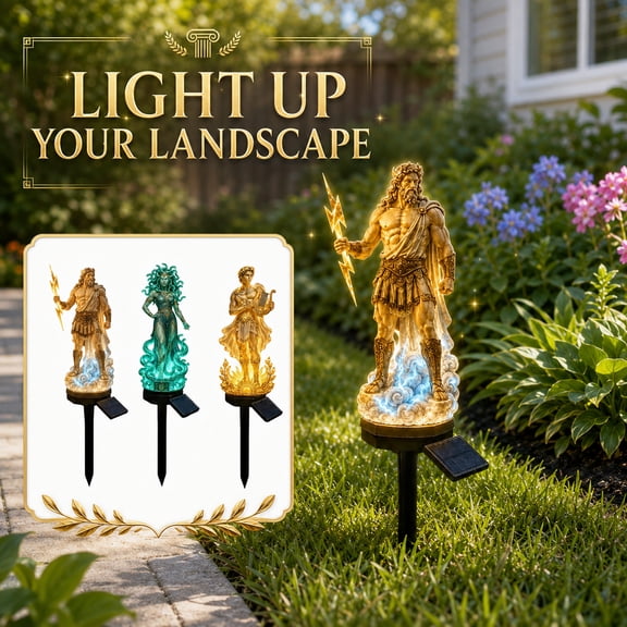 Myth-Themed Solar Garden Stake Light, Greek Statue Yard Sculpture Lamp, IP44 Waterproof Crystal Texture, Day Decor Night Auto LED Lighting, For Lawn Patio Path Walkway Backyard Garden (Zeus)