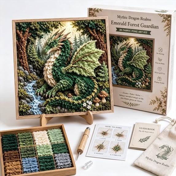 Mythic Dragon Realms 3D Fabric Poke Art Kit, DIY Dragon Craft Decor, 3D Fabric Poke Art Kit with Layered Texture, Beginner-Friendly Poke Craft for Relaxing DIY Projects, Fantasy Home Decor