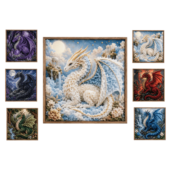 Mythic Dragon Realms 3D Fabric Poke Art Kit, Dragon Fabric Poke Craft, DIY Kit for Adults with Pre-Cut Fabric Squares, Handmade Fantasy Wall Decor, Gift for Dragon Lovers(White)