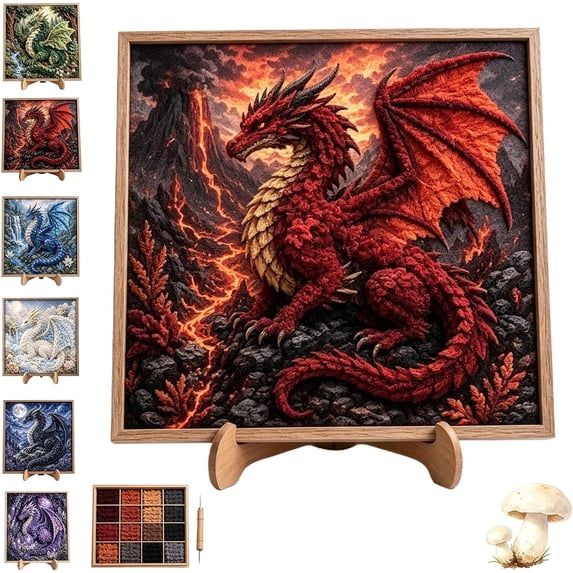 Mythic Dragon Realms 3D Fabric Poke Art Kit, Explore Unique Fantasy Worlds | Simple and Easy To Start, Stunning 3D Dragon Art, An Easy Punch-needle Craft Perfect for Beginners(Dragon-Red)