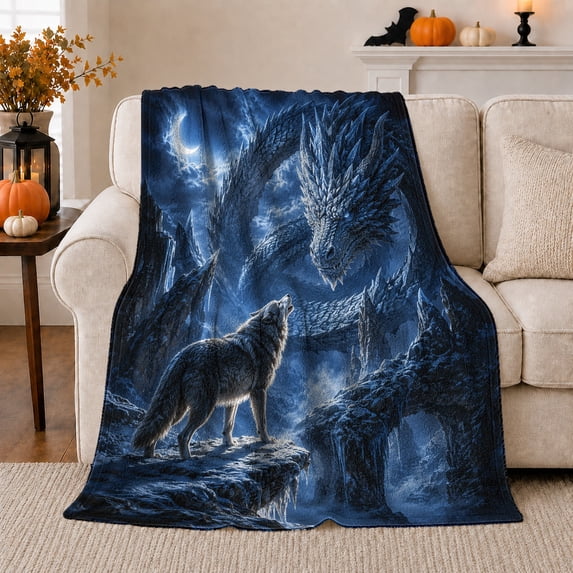 Mythic Fantasy Encounter Wolf Dragon Scene Blue Cavern, Mystical Celestial Art Scene, Warm Flannel Blanket for Cabin and Lodge, Wildlife Lovers Housewarming Gift, Fantasy Home Decor
