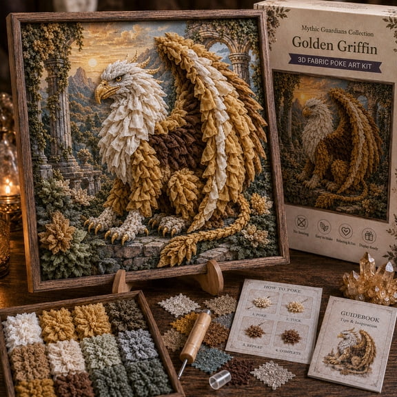 Mythic Guardians 3D Fabric Poke Art Kit ,No-Sew Fantasy Craft with Pre-Cut Fabric Squares, Poking Tool & Display Stand, Griffin Gift for Women