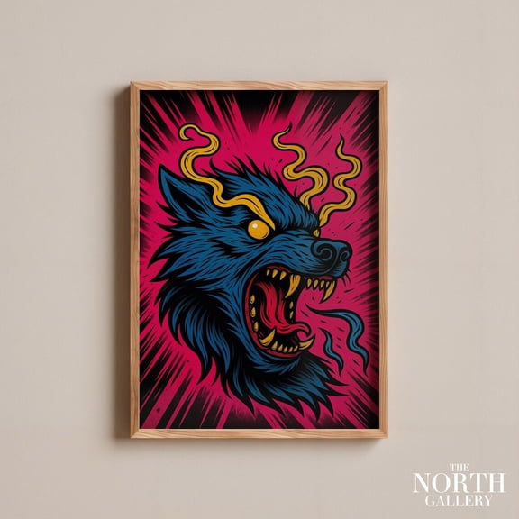 Mythic Neon Wolf Fantasy Whimsical Animal Nature Portrait Wall Art Decor Unframed Paper Print