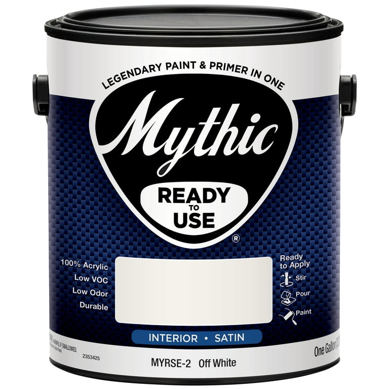 Mythic Ready to use Colors Gallon Off White Interior Satin Acrylic Latex Paint Non Spatter Formula Quick Dry Easy Soap Water Clean Up VOC Less Than 50 Grams Per Litre. Walmart