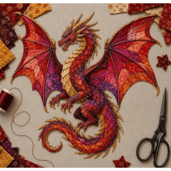 Mythic Wilds DIY Layered Patchwork Art Kit, Unique Handmade Gift for Craft and Fantasy Decor Fans, Complete Supplies for Layered Textile Art Creation (Red Dragon)