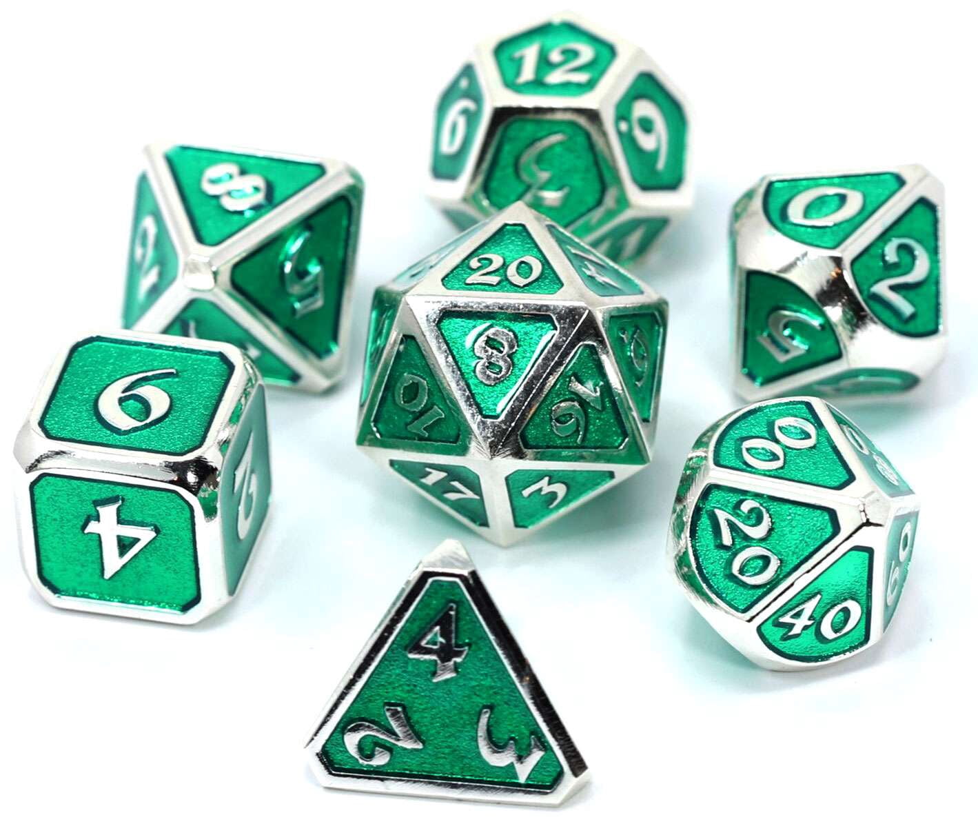 Mythica Platinum Emerald Metal Polyhedral 7-Die Dice Set
