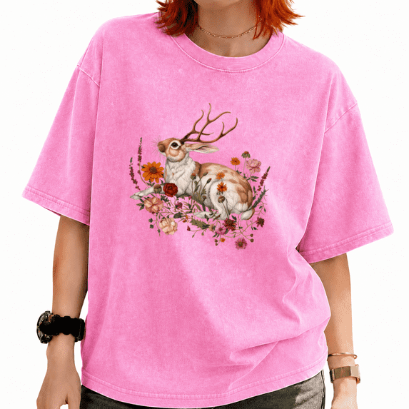 Mythical Antlered Rabbit Graphic Tee Vintage Washed Women's Summer Shirt
