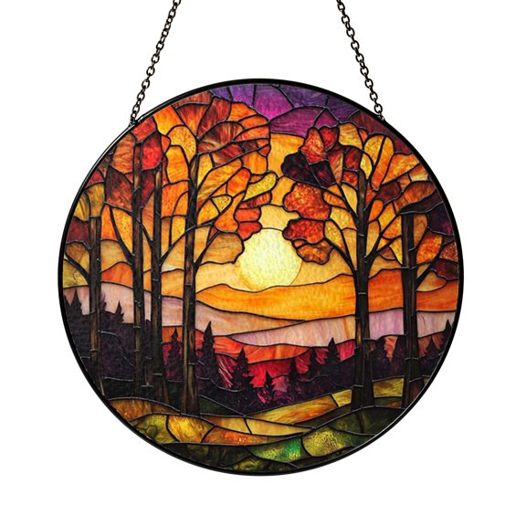 Mythical Autumn Landscape Stained Glass Suncatcher, Sunset Forest Window Decor, Fall Tree Mountain Hanging Art Panel, Nature Inspired Design, Decorative Home Accent