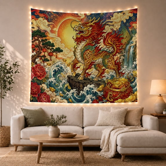 Mythical Beast on Waves with Lanterns and Sun, Majestic Illustration for Art Lovers, Digital Art Wall Decor, Housewarming Gift, Tapestry Wall Hanging for Living Room and Bedroom